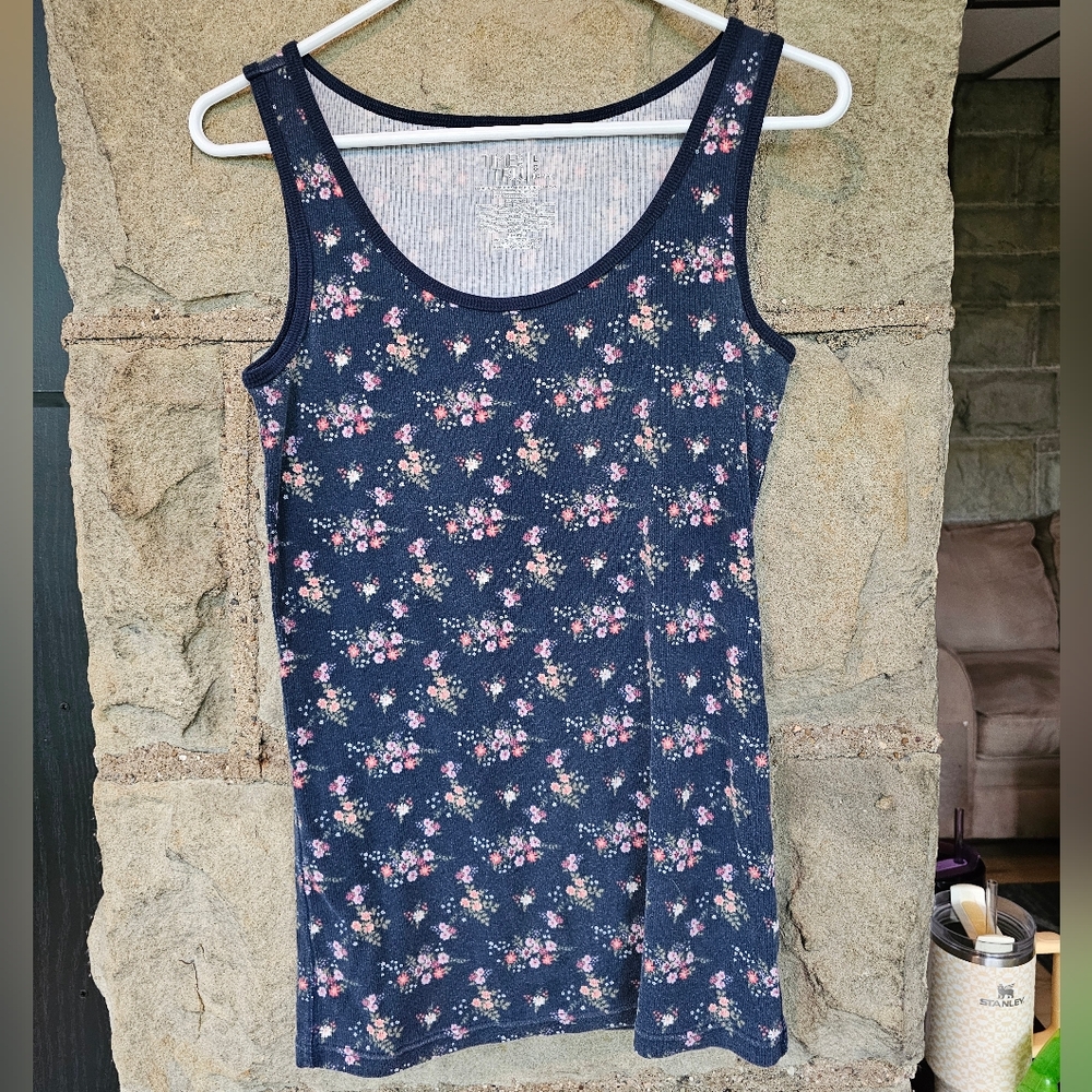 Time and Tru Dark Blue Floral Tank Top